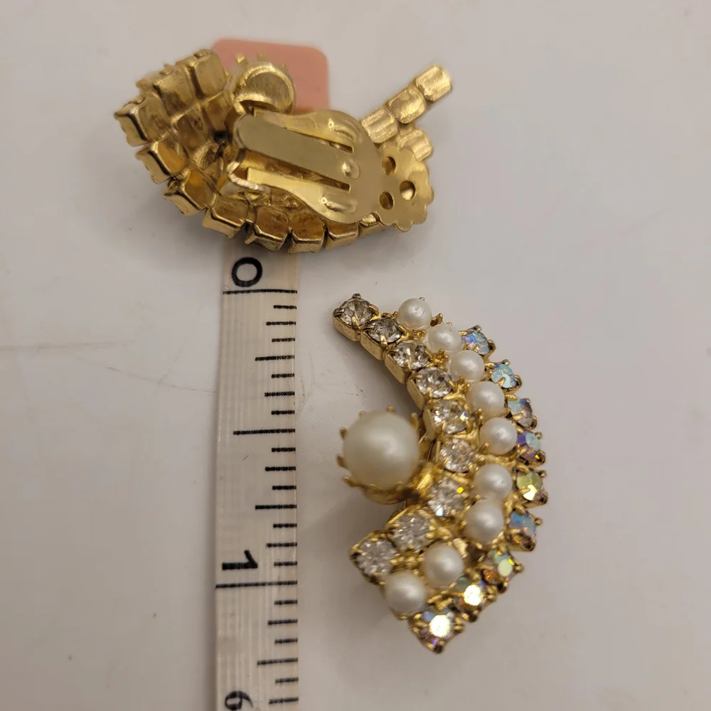 Vintage Faux Pearl and Aurora Borealis Clip-On Earrings
